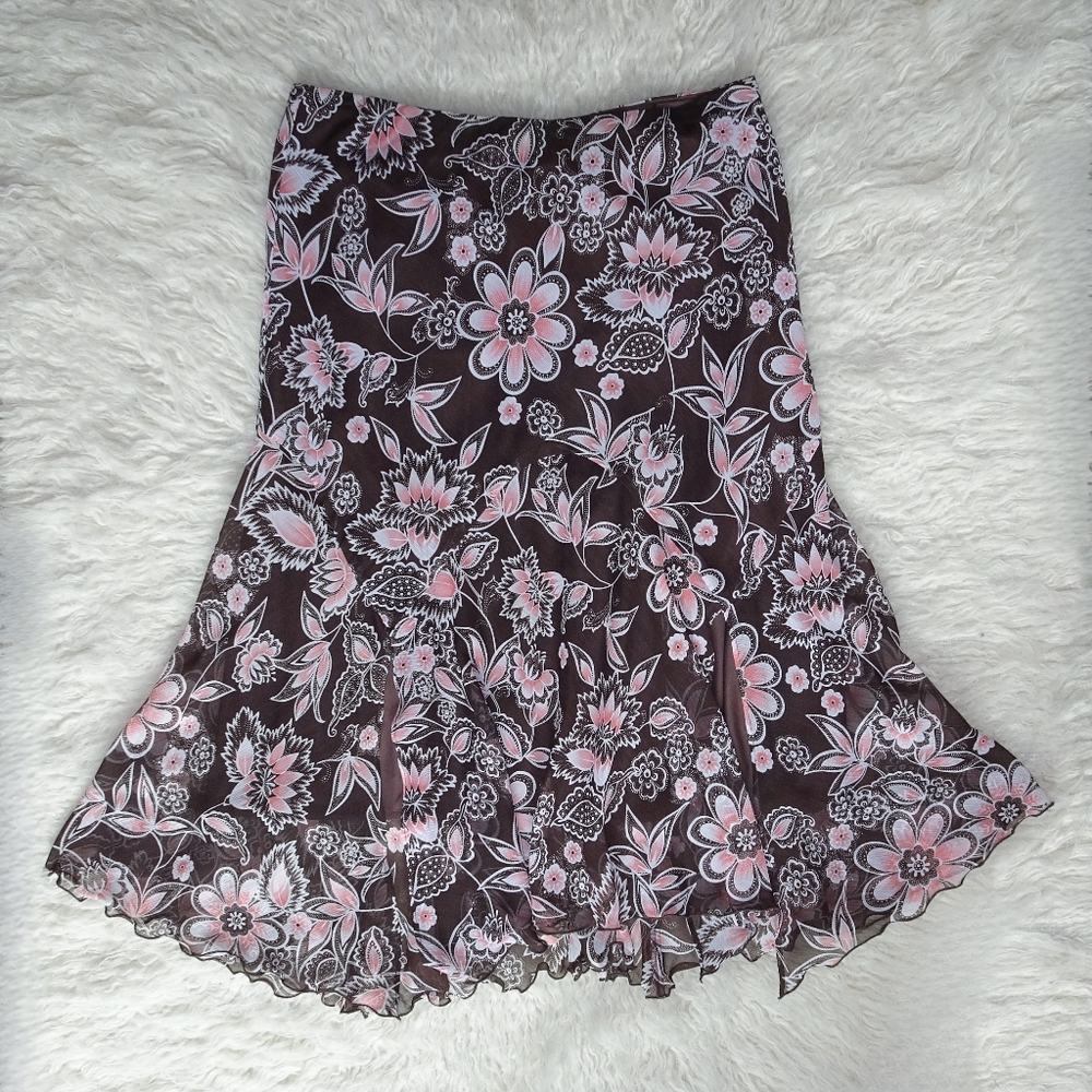 Dressbarn Floral Fairy A-Line Skirt Pink and Brown